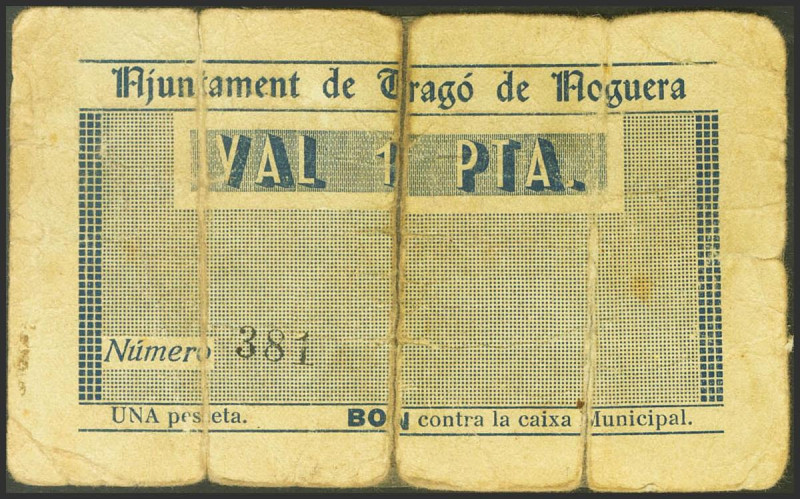 TRAGO DE NOGUERA (LERIDA). 1 Peseta. (1937ca). (González: 10431). Rarísimo, bill...