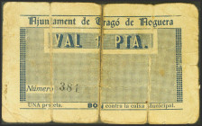 TRAGO DE NOGUERA (LERIDA). 1 Peseta. (1937ca). (González: 10431). Rarísimo, billetes dividido y unido mediante cinta adhesiva. RC-.