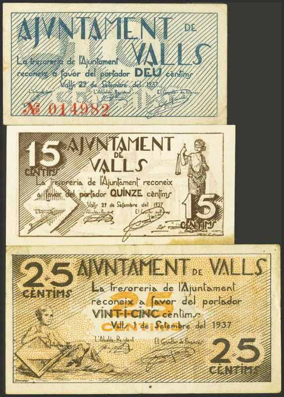 VALLS (TARRAGONA). 10 Céntimos, 15 Céntimos y 25 Céntimos. Septiembre de 1937. (...