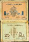 VILADA (BARCELONA). 25 Céntimos y 1 Peseta. (1936ca). (González: 10684/85). Muy rara serie completa. BC+.