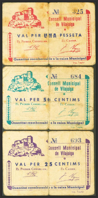 VILAJUIGA (GERONA). 25 Céntimos, 50 Céntimos y 1 Peseta. (1937ca). (González: 10...