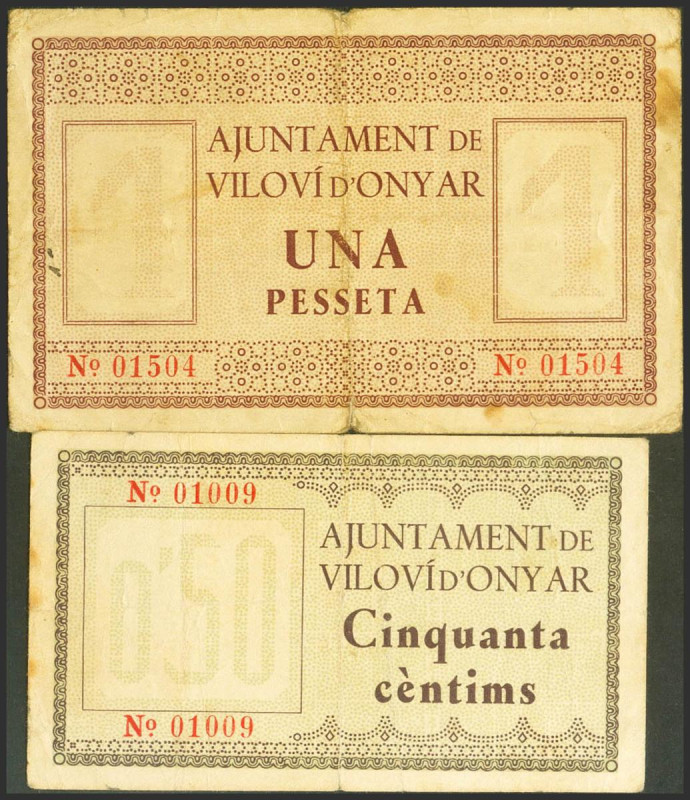 VILOVI D´ONYAR (GERONA). 50 Céntimos y 1 Peseta. 1 de Junio de 1937. (González: ...