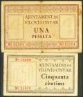 VILOVI D´ONYAR (GERONA). 50 Céntimos y 1 Peseta. 1 de Junio de 1937. (González: 10903/04). Rara serie completa. MBC-/MBC.