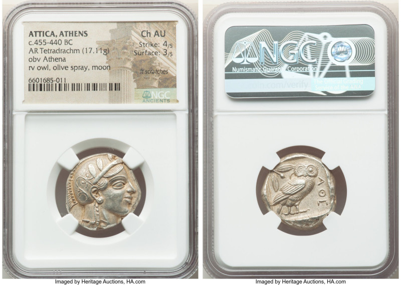 ATTICA. Athens. Ca. 455-440 BC. AR tetradrachm (23mm, 17.11 gm, 11h). NGC Choice...