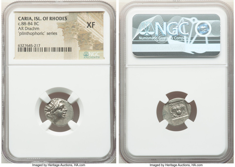 CARIAN ISLANDS. Rhodes. Ca. 88-84 BC. AR drachm (16mm, 11h). NGC XF. Plinthophor...