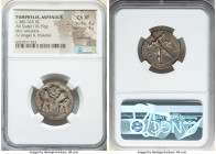 PAMPHYLIA. Aspendus. Ca. 380-325 BC. AR stater (21mm, 10.79 gm, 5h). NGC Choice XF 4/5 - 4/5, overstruck. Two wrestlers grappling, ΠO between, all in ...