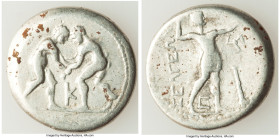 PISIDIA. Selge. Ca. 325-250 BC. AR stater (25mm, 10.04 gm, 12h). Fine. Two wrestlers grappling, K between / ΣΕΛΓΕΩΝ, slinger striding to right, pullin...