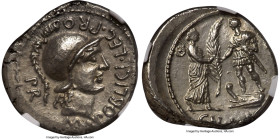 Cnaeus Pompeius Junior (46-45 BC). AR denarius (19mm, 4.00 gm, 7h). NGC MS 4/5 - 3/5. Uncertain mint in Spain (Corduba), summer 46 BC-spring 45 BC. M•...