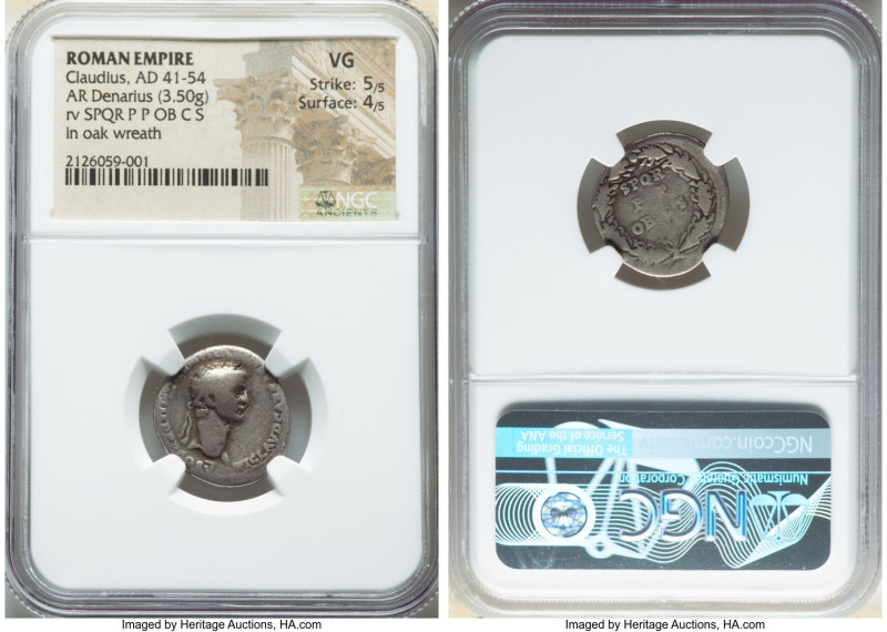 Claudius I (AD 41-54). AR denarius (19mm, 3.50 gm, 5h). NGC VG 5/5 - 4/5. Rome, ...