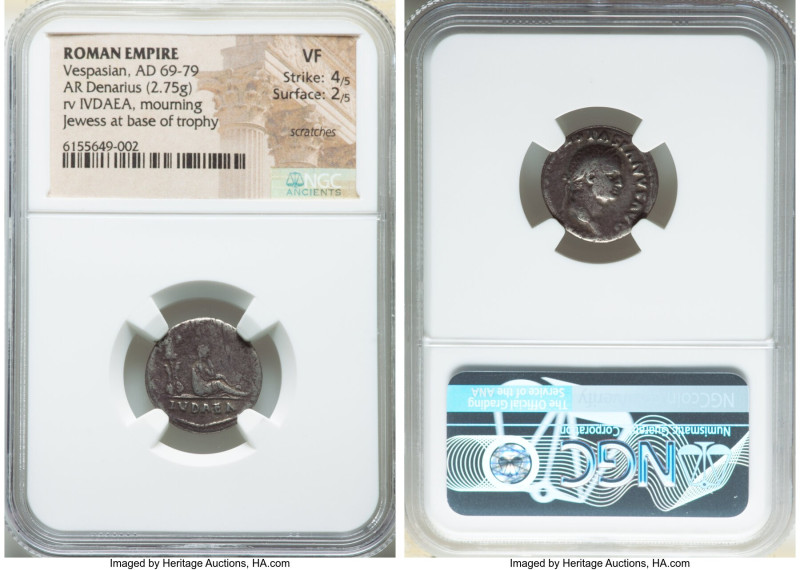 Vespasian (AD 69-79). AR denarius (18mm, 2.75 gm, 6h). NGC VF 4/5 - 2/5, scratch...