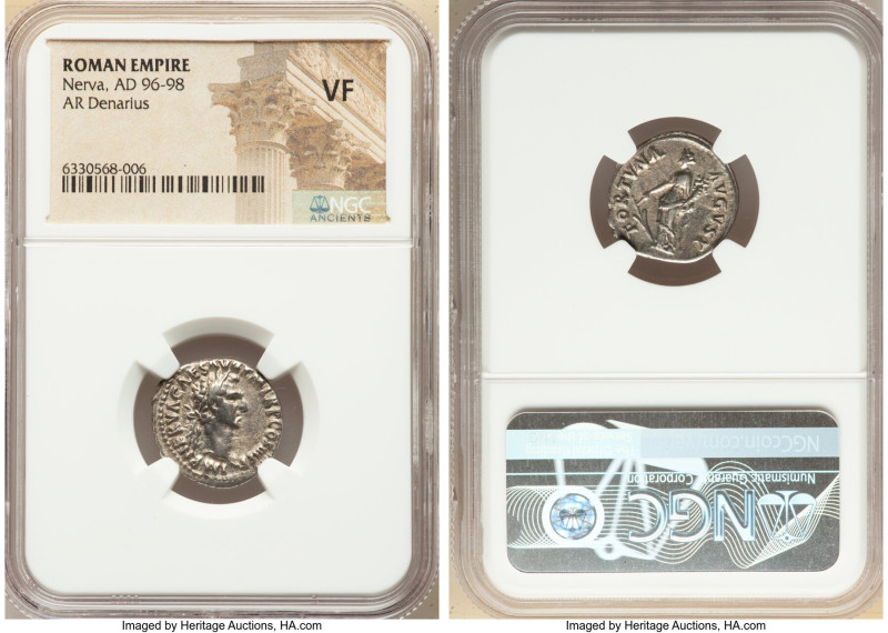 Nerva (AD 96-98). AR denarius (18mm, 7h). NGC VF. Rome, AD 97. IMP NERVA CAES AV...