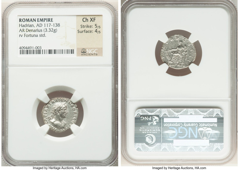 Hadrian (AD 117-138). AR denarius (18mm, 3.32 gm, 6h). NGC Choice XF 5/5 - 4/5. ...