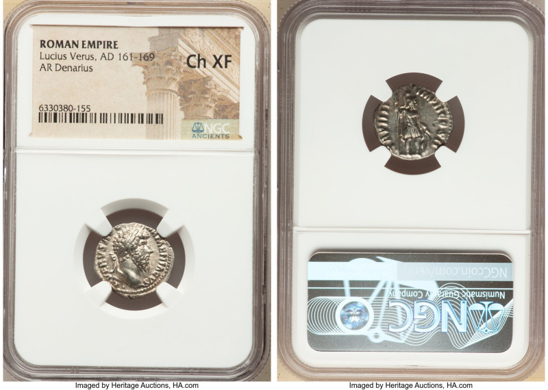 Lucius Verus (AD 161-169). AR denarius (17mm, 6h). NGC Choice XF. Rome, December...