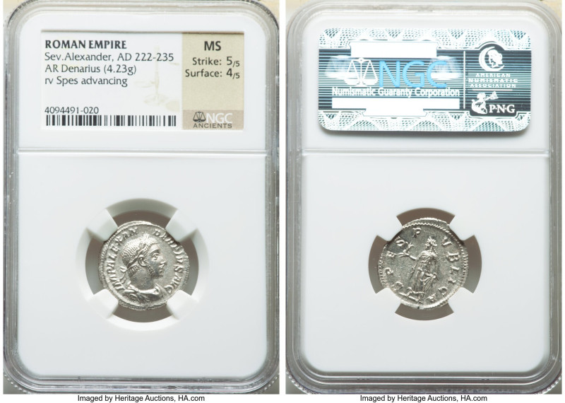 Severus Alexander (AD 222-235). AR denarius (19mm, 4.23 gm, 1h). NGC MS 5/5 - 4/...