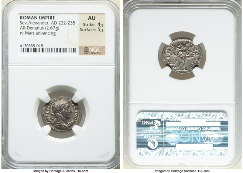 Severus Alexander (AD 222-235). AR denarius (20mm, 2.67 gm, 6h). NGC AU 4/5 - 5/...