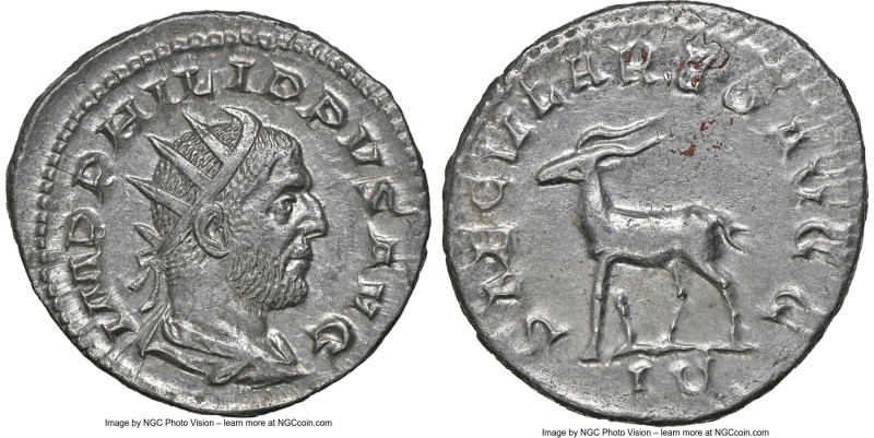 Philip I (AD 244-249). AR antoninianus (23mm, 1h). NGC Choice AU. Rome, 6th offi...
