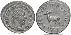 Philip I (AD 244-249). AR antoninianus (23mm, 1h). NGC Choice AU. Rome, 6th officina, AD 248. IMP PHILIPPVS AVG, radiate, draped, and cuirassed bust o...