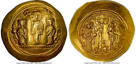Romanus IV Diogenes (AD 1068-1071), with Eudocia, Michael VII, Constantius and Andronicus. AV histamenon nomisma (26mm, 4.38 gm, 6h). NGC Choice VF 4/...