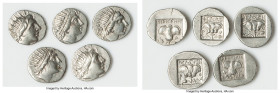 ANCIENT LOTS. Greek. Carian Islands. Rhodes. Ca. 88-84 BC. Lot of five (5) AR drachms. VF-XF. Includes: Five Plinthophoric standard AR drachms, with v...