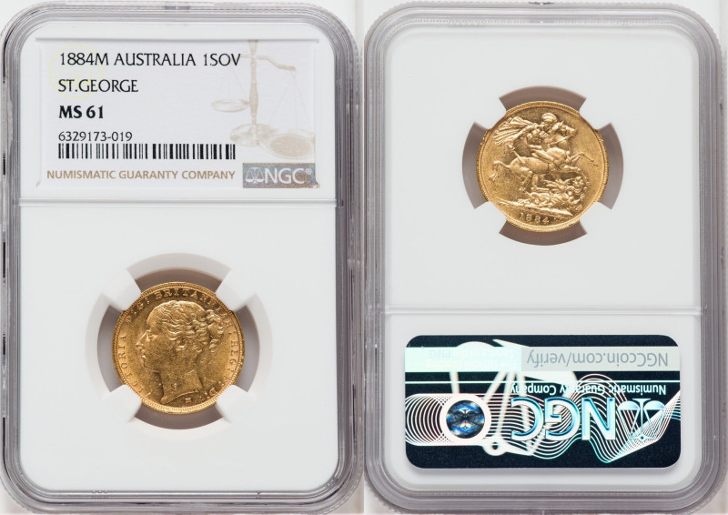 Victoria gold "St. George" Sovereign 1884-M MS61 NGC, Melbourne mint, KM7. 

HID...