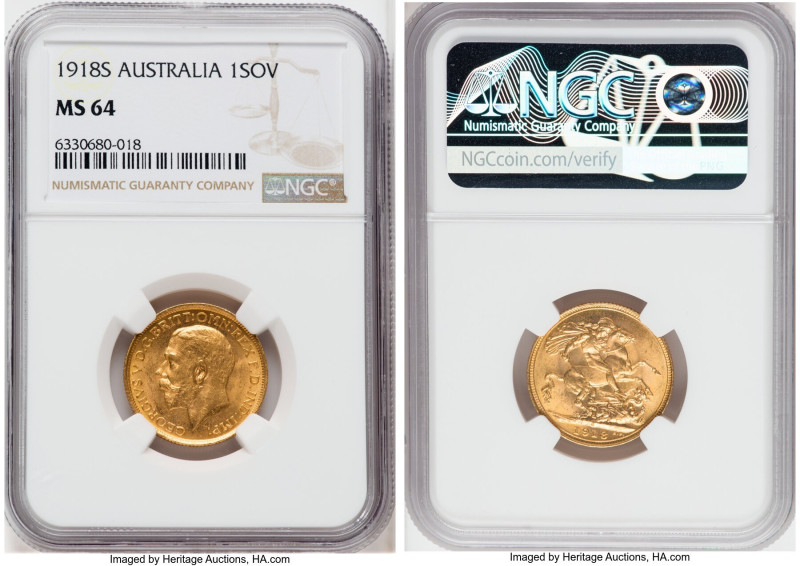 George V gold Sovereign 1918-S MS64 NGC, Sydney mint, KM29, S-4003. 

HID0980124...