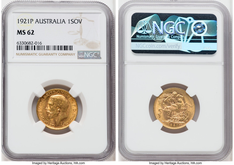 George V gold Sovereign 1921-P MS62 NGC, Perth mint, KM29, S-4001. 

HID09801242...