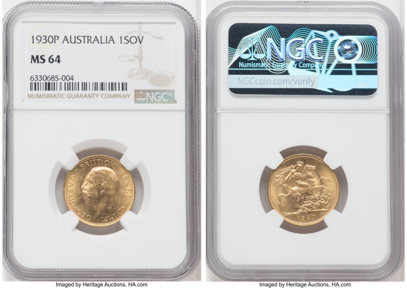 George V gold Sovereign 1930-P MS64 NGC, Perth mint, KM32, S-4002. A beaming jew...