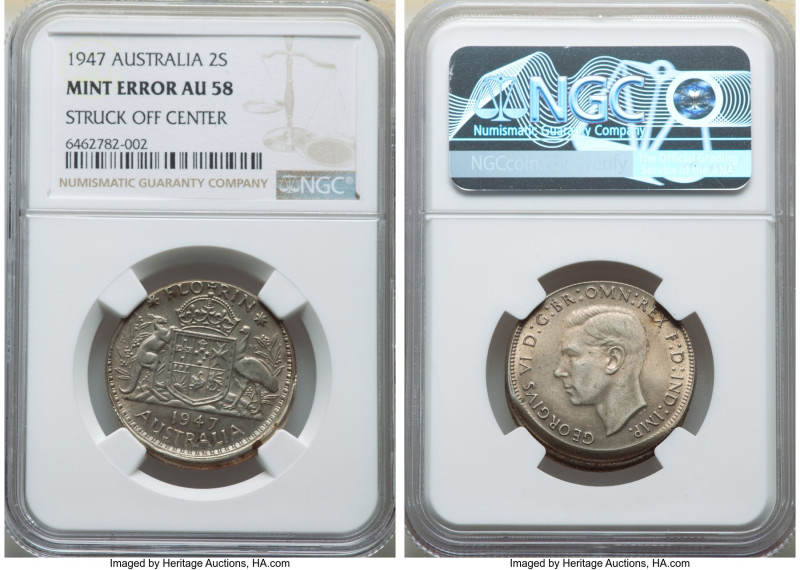 George VI Mint Error - Struck Off Center Florin 1947-(m) AU58 NGC, Melbourne min...