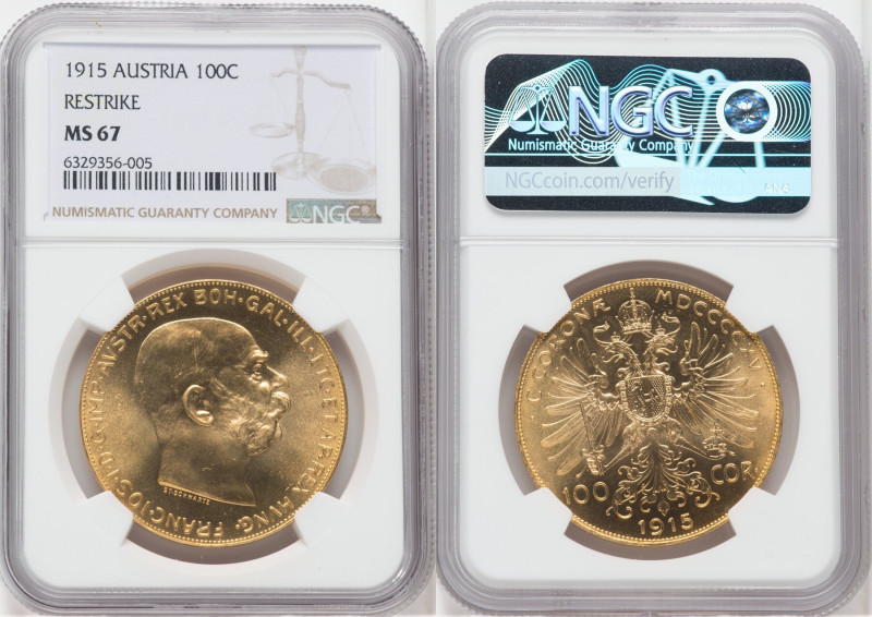 Franz Joseph I gold Restrike 100 Corona 1915 MS67 NGC, KM2819. 

HID09801242017
...