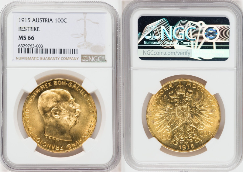 Franz Joseph I gold Restrike 100 Corona 1915 MS66 NGC, Vienna mint, KM2819, Fr-5...