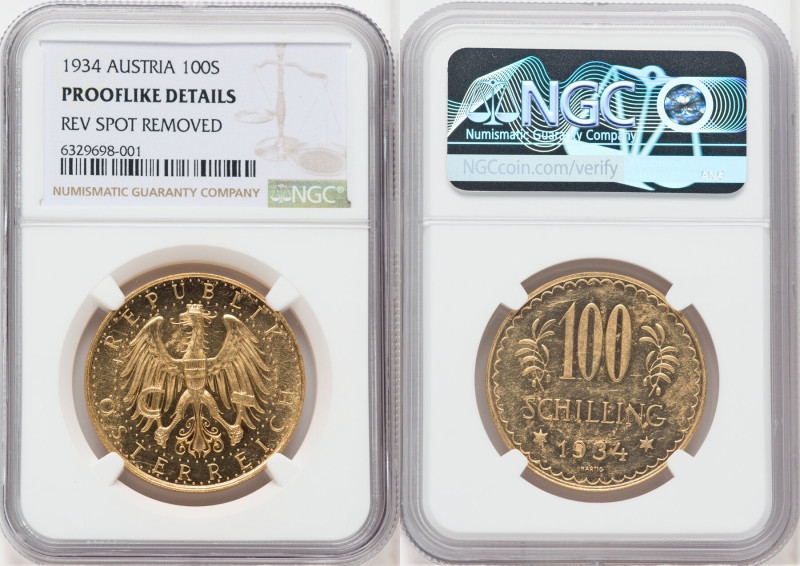 Republic gold 100 Schilling 1934 Prooflike Details (Reverse Spot Removed) NGC, V...