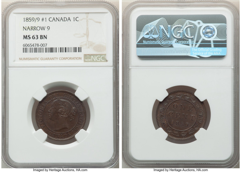 Victoria bronze "Narrow 9" Cent 1859/9 MS63 Brown NGC, London mint, KM1. Type #1...