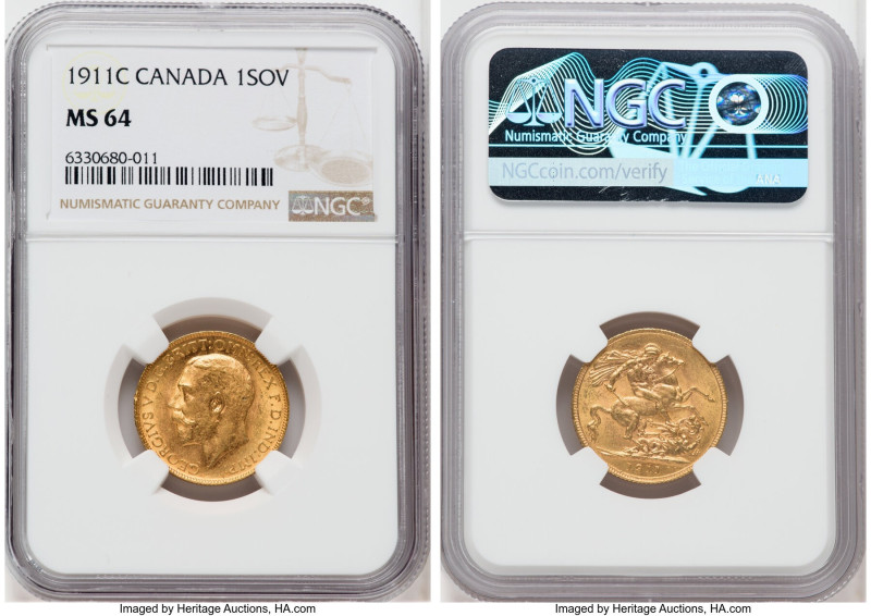 George V gold Sovereign 1911-C MS64 NGC, Ottawa mint, KM20, S-3997. 

HID0980124...