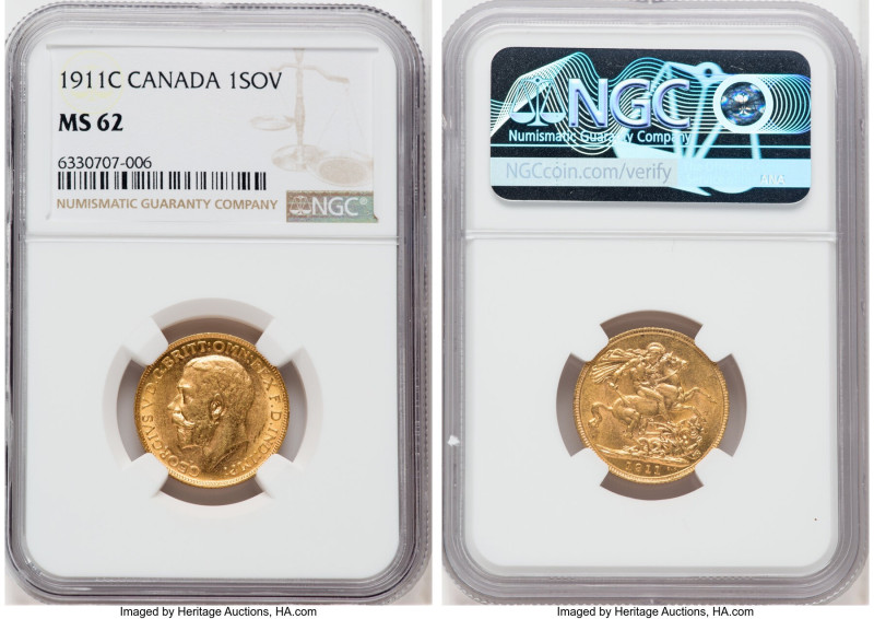 George V gold Sovereign 1911-C MS62 NGC, Ottawa mint, KM20, S-3997. 

HID0980124...