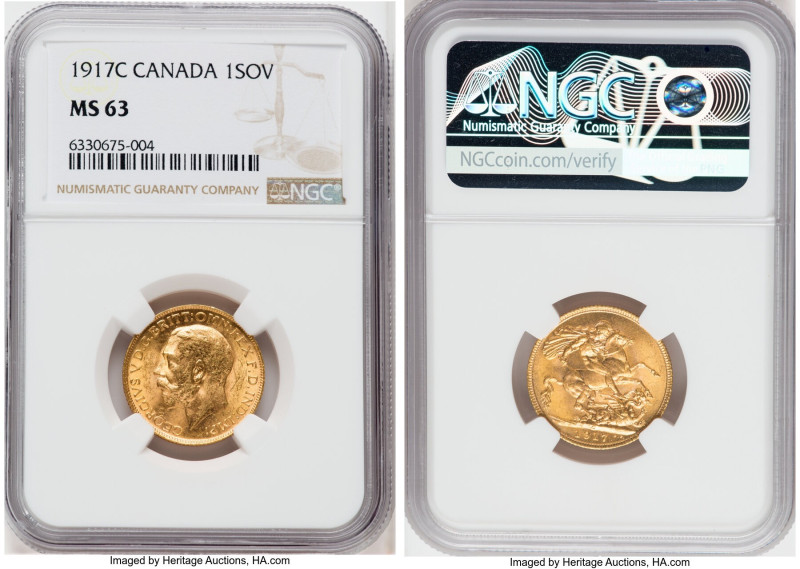 George V gold Sovereign 1917-C MS63 NGC, Ottawa mint, KM20, S-3997. 

HID0980124...