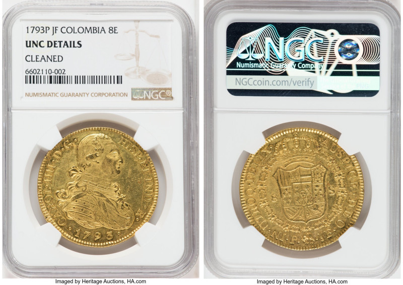 Charles IV gold 8 Escudos 1793 P-JF UNC Details (Cleaned) NGC, Popayan mint, KM6...