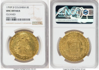 Charles IV gold 8 Escudos 1793 P-JF UNC Details (Cleaned) NGC, Popayan mint, KM62.2, Fr-52. Highly respectable representation with well struck portrai...