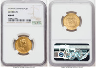 Republic gold 5 Pesos 1929 MS67 NGC, Medillin (MFDFLLIN) mint, KM204, Fr-115. Immaculate selection graced with fine details and satin surfaces with ol...