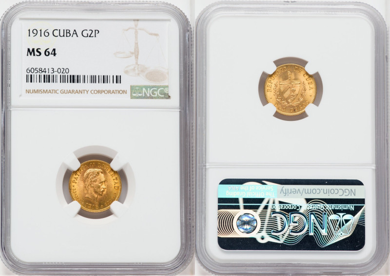 Republic gold 2 Pesos 1916 MS64 NGC, Philadelphia mint, KM17, Fr-6. Two year typ...