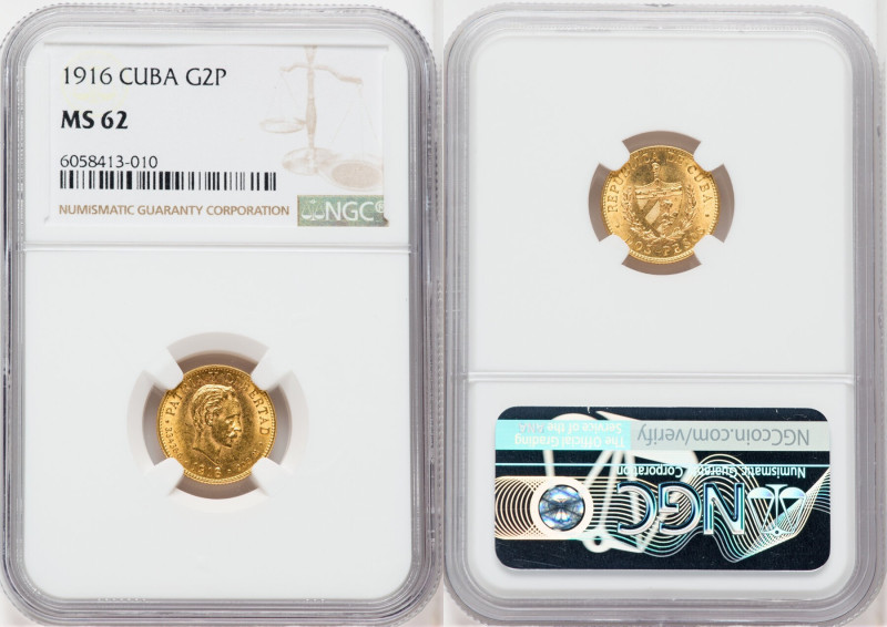 Republic gold 2 Pesos 1916 MS62 NGC, Philadelphia mint, KM17, Fr-6. Two year typ...