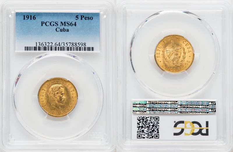 Republic gold 5 Pesos 1916 MS64 PCGS, Philadelphia mint, KM19, Fr-4. Olive toned...