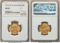 Christian IX gold 20 Kroner 1873 (h)-CS MS65 NGC, Copenhagen mint, KM791.1, Fr-295. First year of type. Whirling mint luster on satin surfaces. 

HID0...