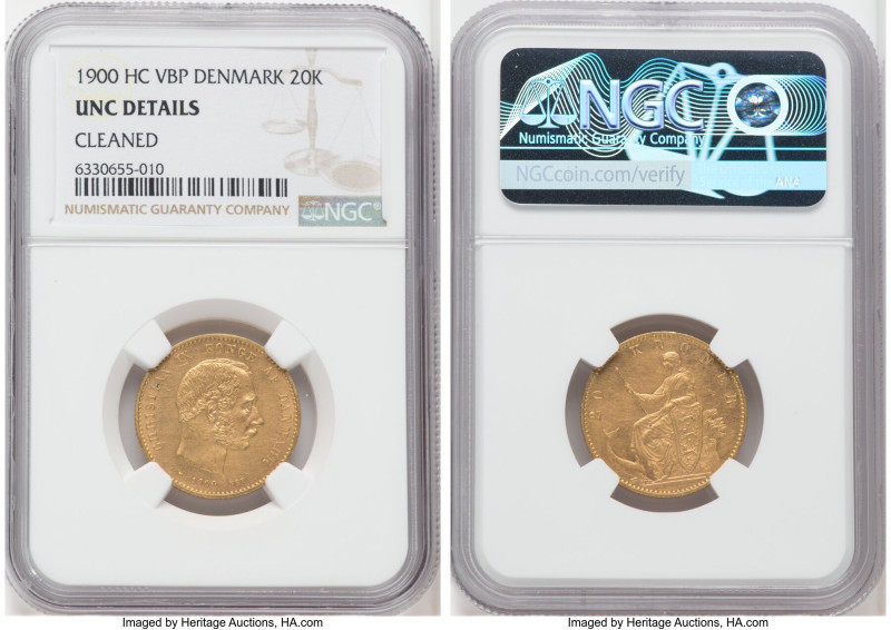 Christian IX gold 20 Kroner 1900 (h)-VBP UNC Details (Cleaned) NGC, Copenhagen m...