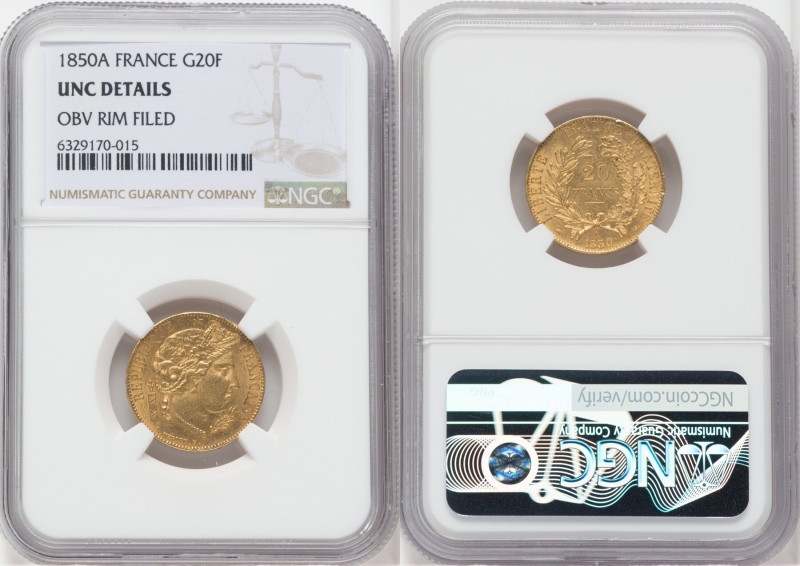 Republic gold 20 Francs 1850-A UNC Details (Obverse Rim Filed) NGC, Paris mint, ...