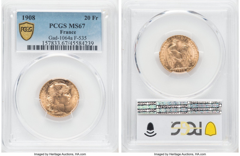 Republic gold 20 Francs 1908 MS67 PCGS, KM857, Gad-1064a, F-535. A splendid coin...