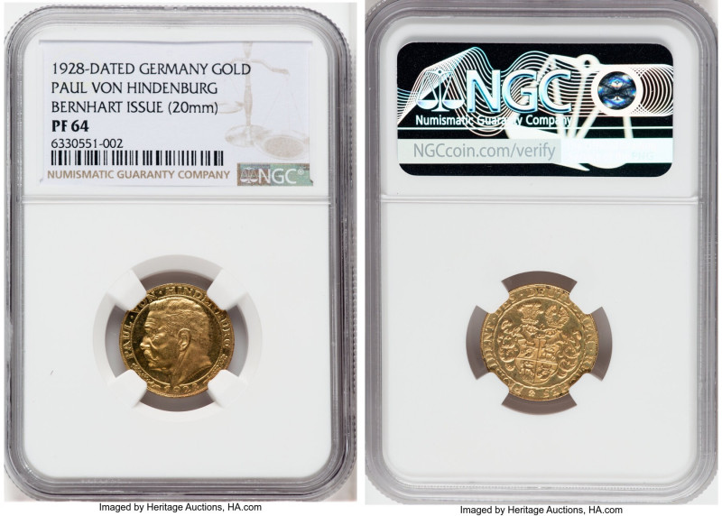 Weimar Republic gold Proof "Hindenburg" Medal 1928-Dated PR64 NGC, 20mm. Bernhar...