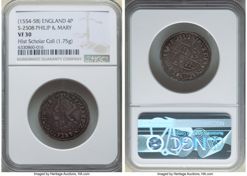 Philip II of Spain & Mary Groat (4 Pence) ND (1554-1558) VF30 NGC, Tower mint, L...