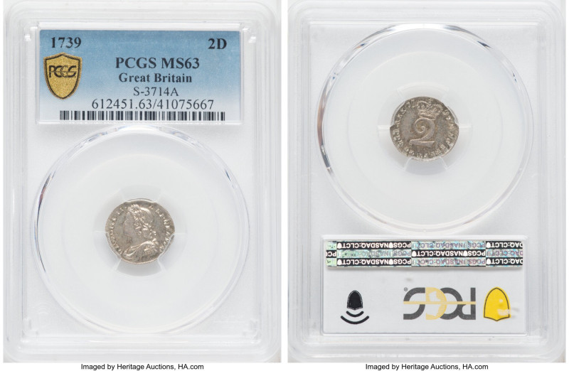 George II 2 Pence 1739 MS63 PCGS, KM568, S-3714A. Bright and reflective fields d...