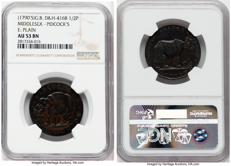 Middlesex. Pidcock's copper 1/2 Penny Token ND (1790's) AU53 Brown NGC, D&H-416B...