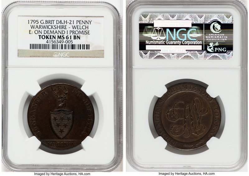 Warwickshire. Welch copper Penny Token 1795 MS61 Brown NGC, D&H-21. Edge: ON DEM...